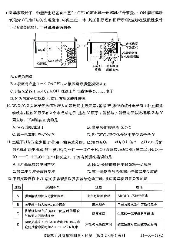 2025届山西三晋卓越联盟高三4月联考化学试题（含答案）第3页