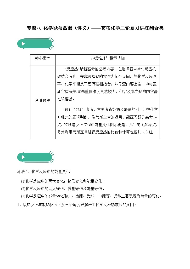 专题八 化学能与热能（讲义）——高考化学二轮复习讲练测合集第1页