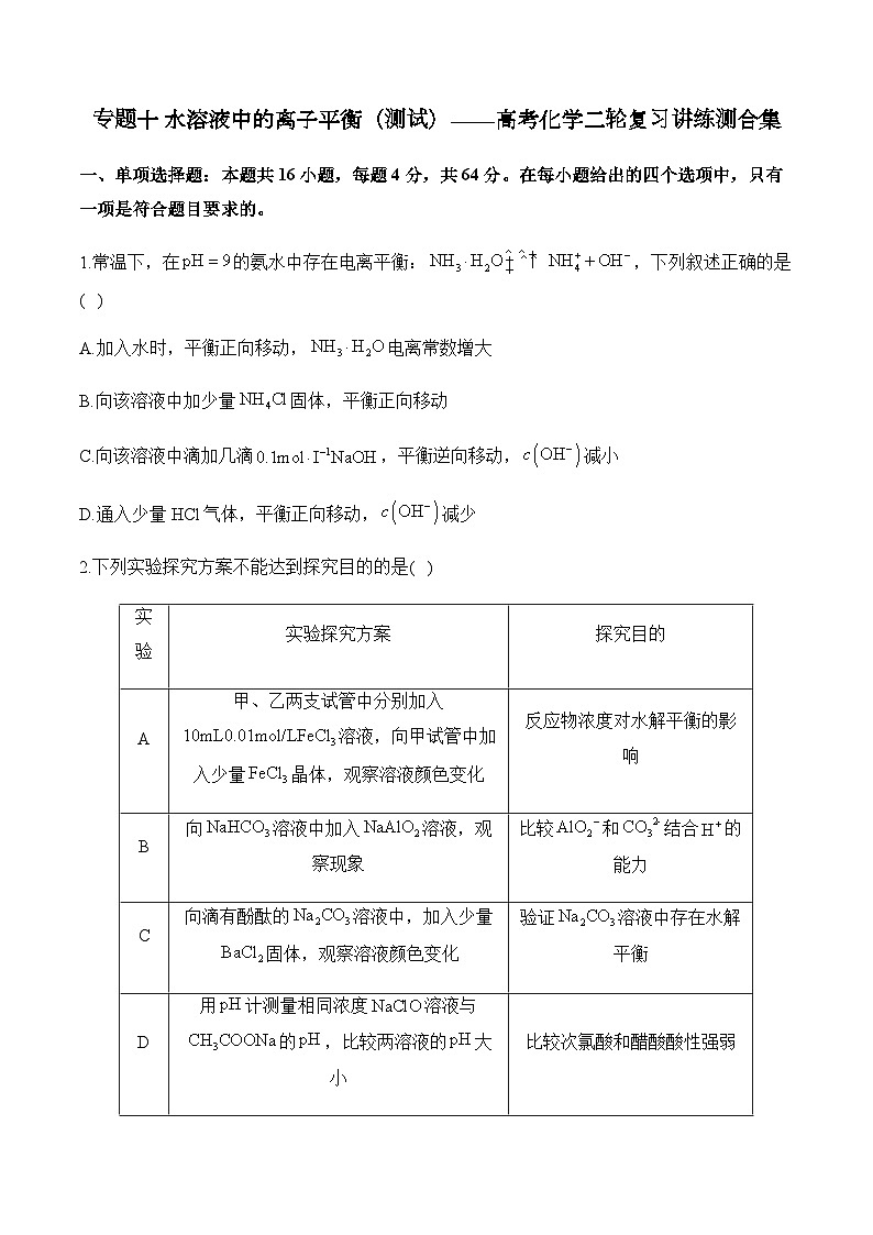 专题一0 水溶液中的离子平衡（测试）——高考化学二轮复习讲练测合集第1页