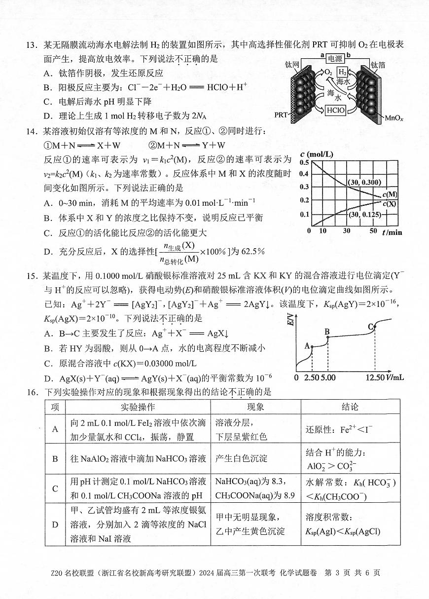 2024届浙江省Z20名校联盟高三第一次联考-化学试题（含答案）第3页