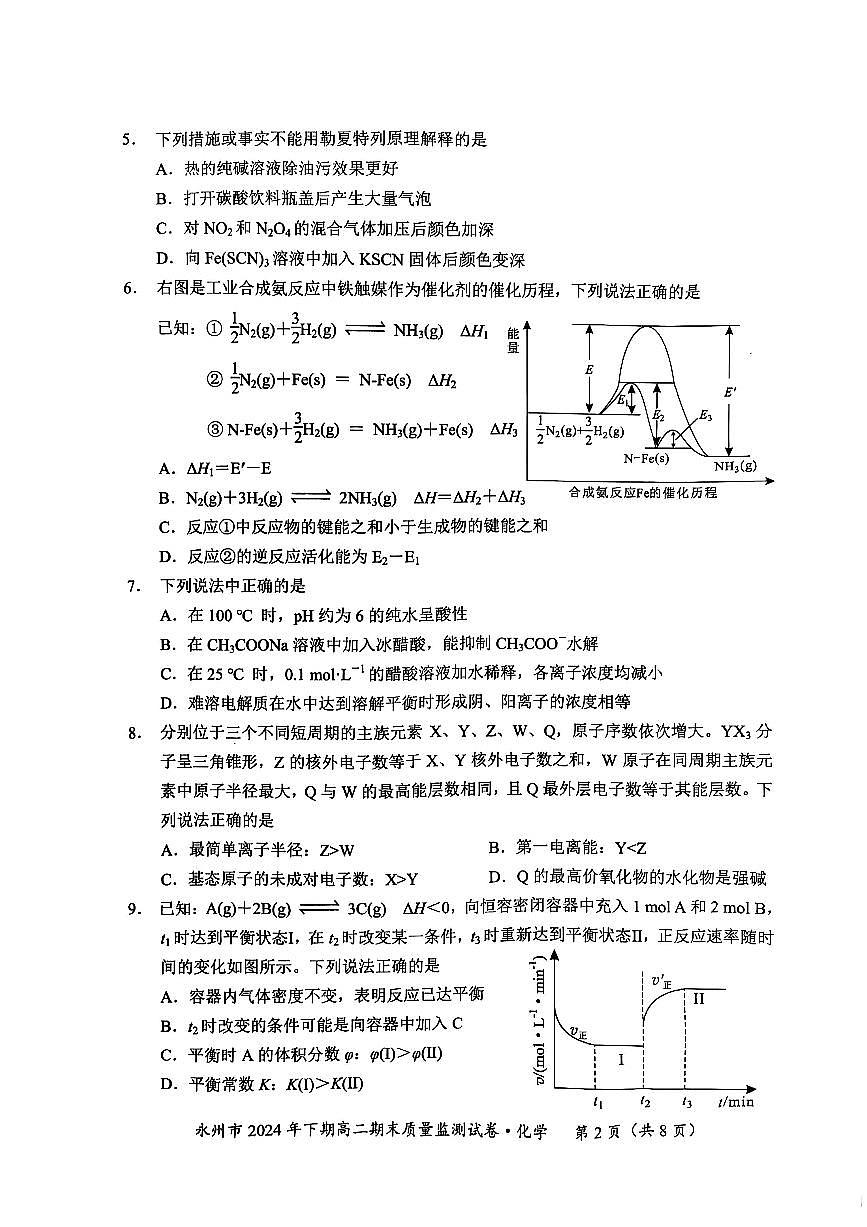 湖南省永州市2024-2025学年高二上学期1月期末 化学试卷（含答案）第2页