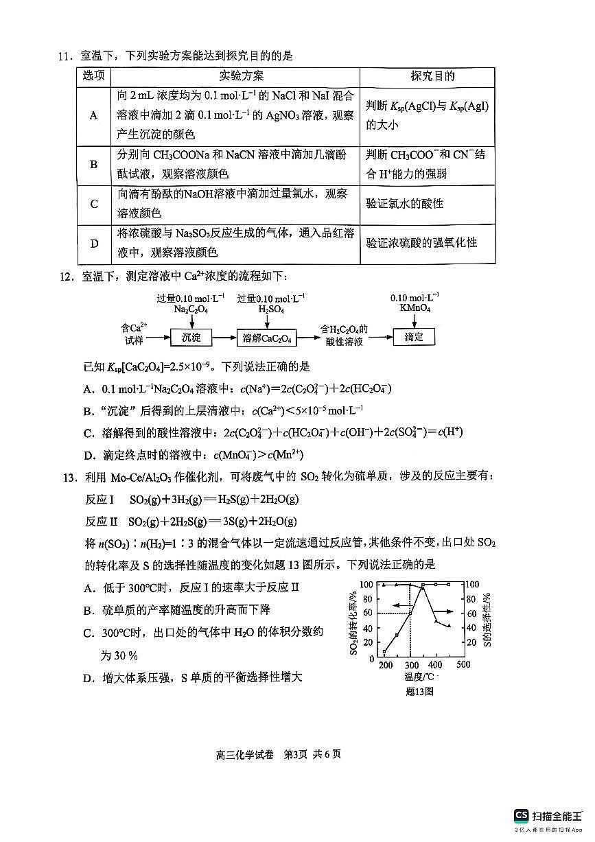 江苏省苏州市2024-2025学年高三上学期学业质量阳光指标调研化学试卷（含答案）第3页