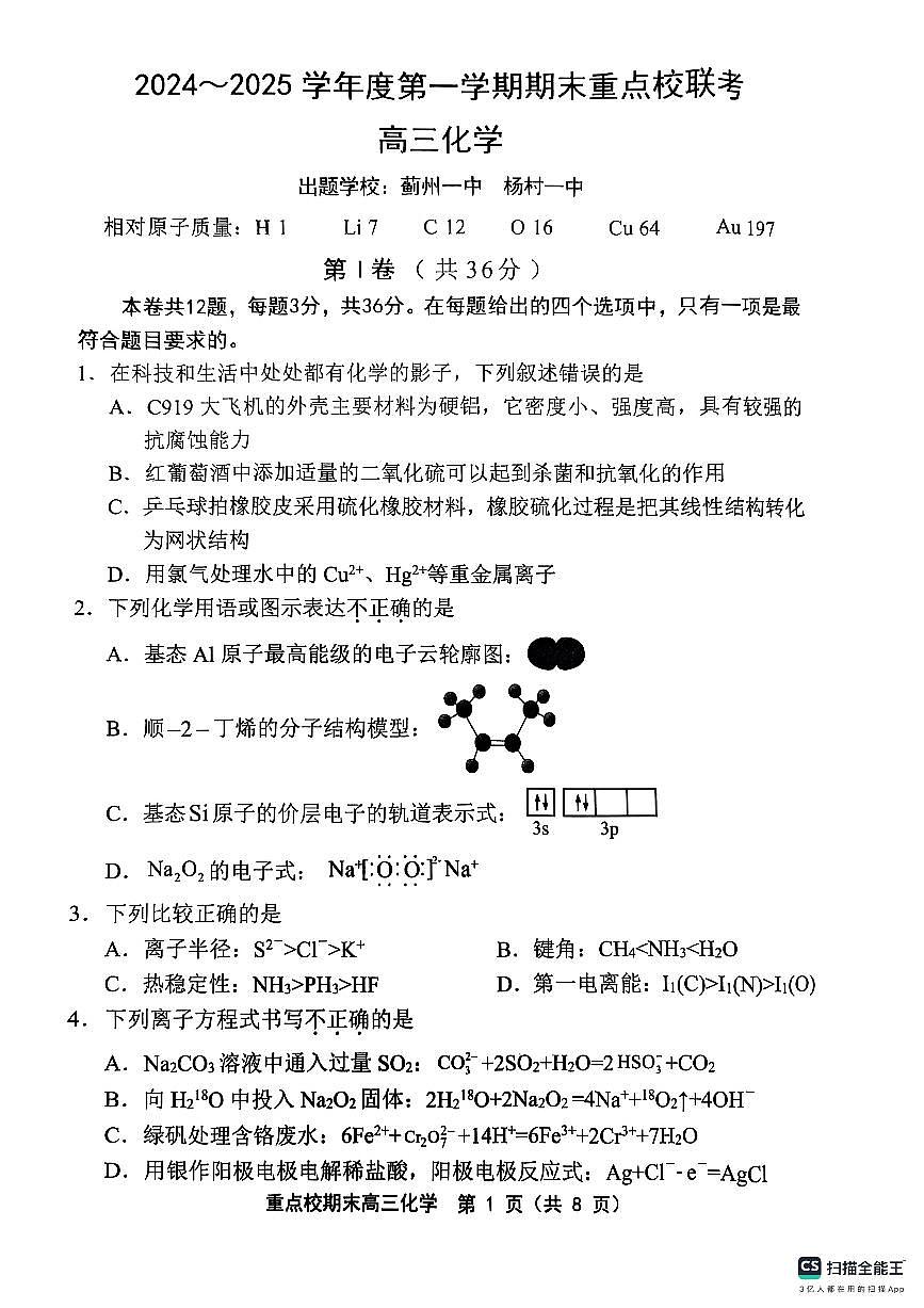 天津市五区县重点校2024-2025学年高三上学期1月期末化学试卷（含答案）第1页
