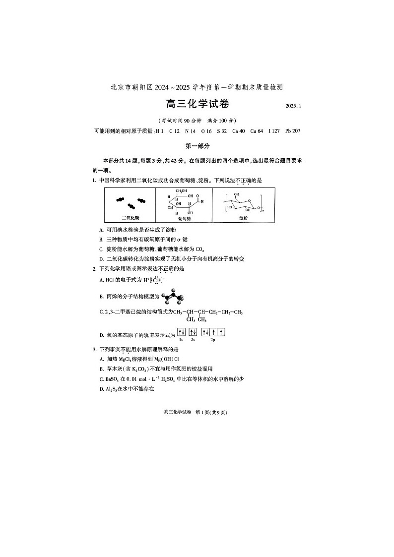北京市朝阳区2024-2025学年高三第一学期期末质量检测考试化学试卷含答案第1页