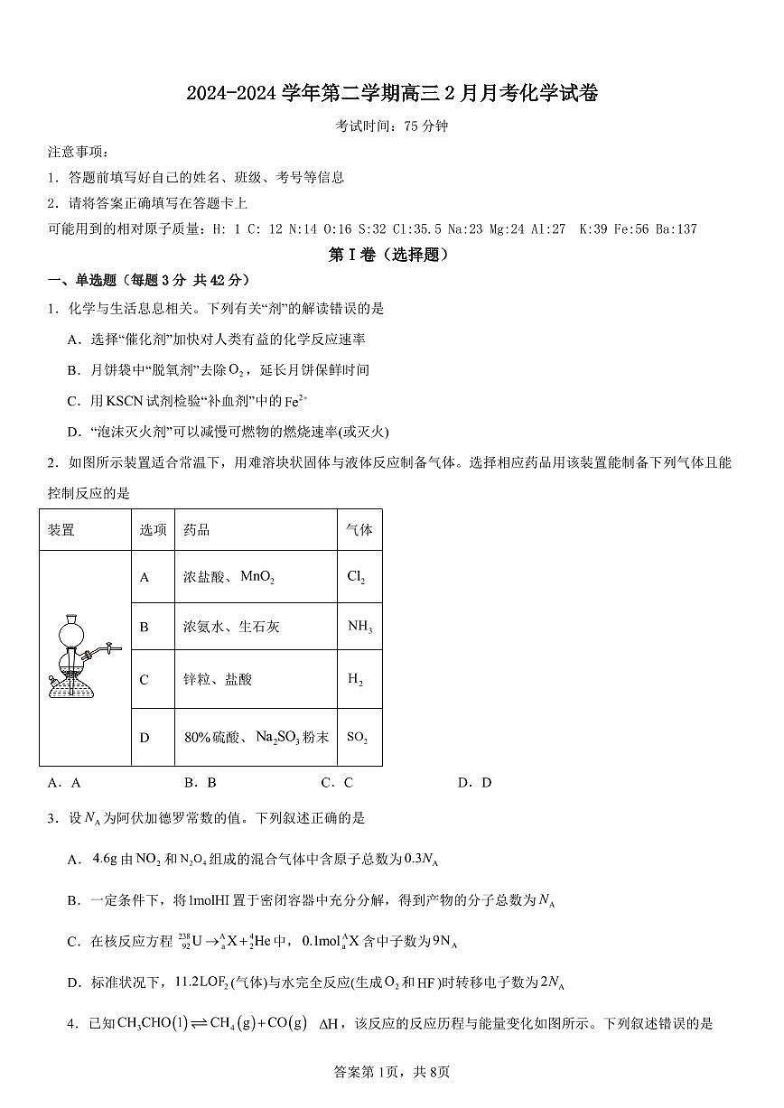 南昌十九中2024-2025学年第二学期2月月考高三化学试卷（含答案）第1页