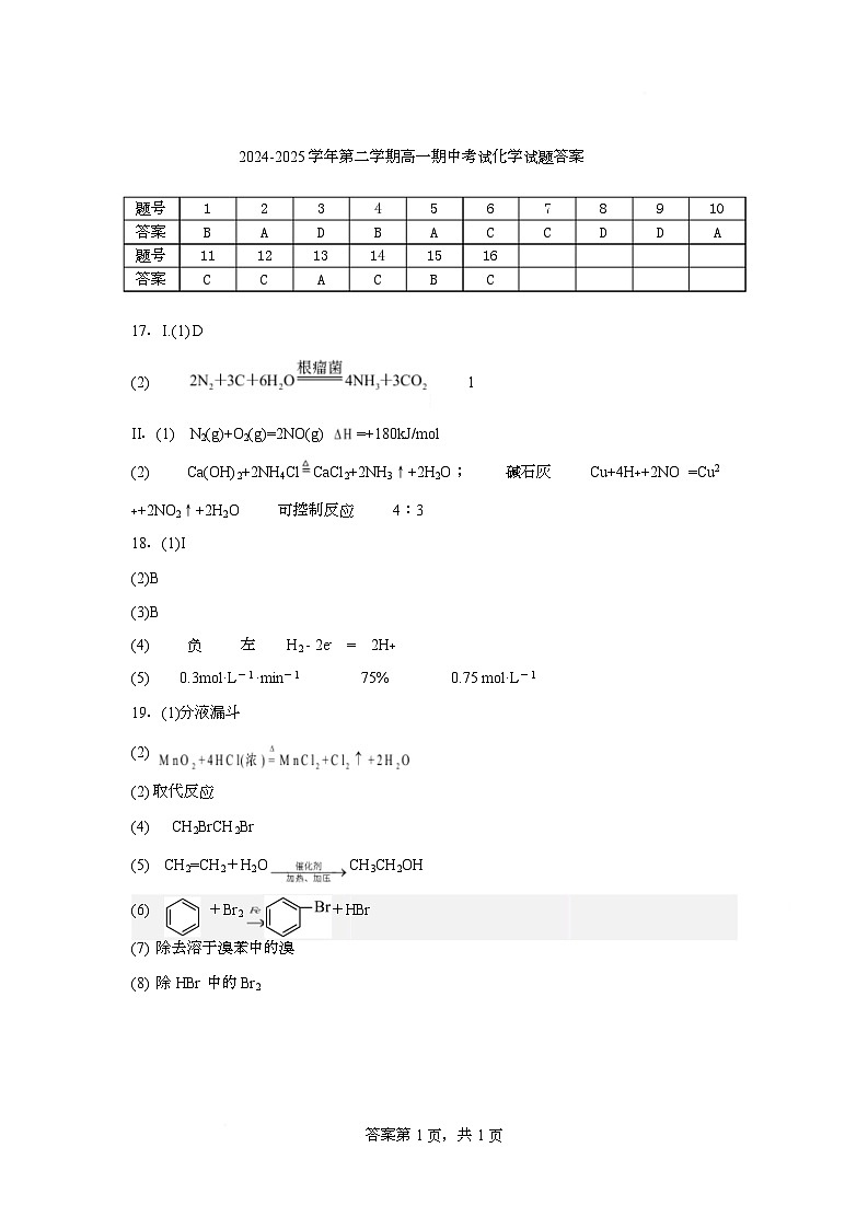 连云港高级中学2024-2025学年第二学期高一期中考试化学试题 2024-2025学年第二学期高一期中考试化学试题答案第1页