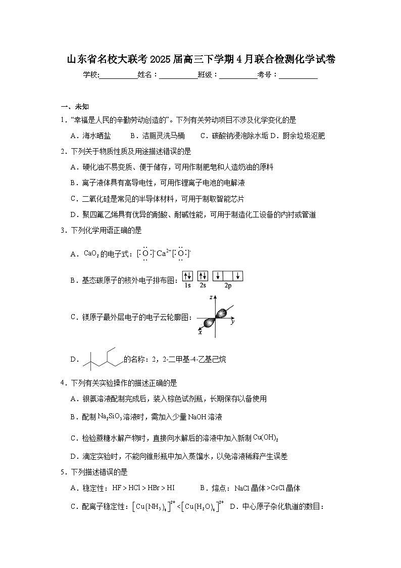 山东省名校大联考2025届高三下学期4月联合检测化学试卷（无答案）第1页
