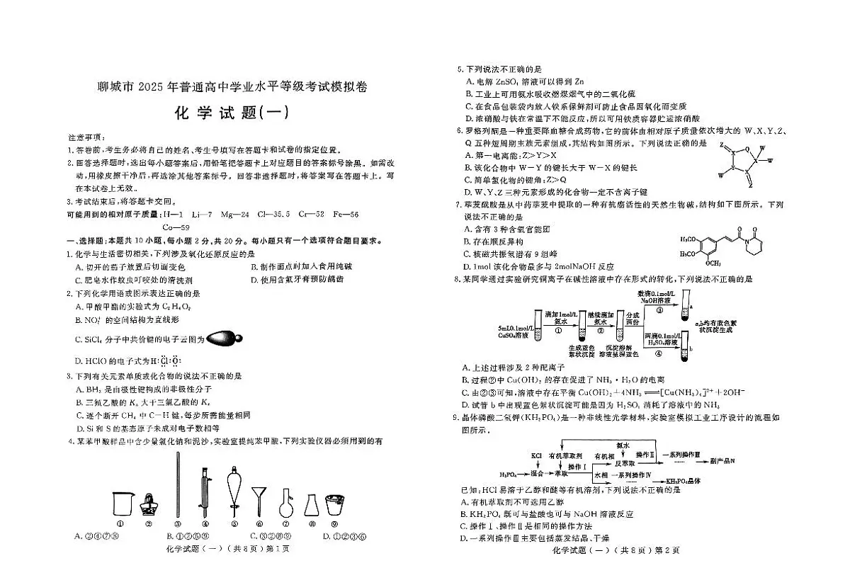 山东省聊城市2025年普通高中学业水平等级考试模拟卷化学试卷（含答案）第1页