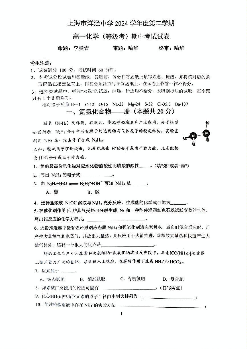 上海市洋泾中学2024-2025学年高一下学期期中化学试题第1页