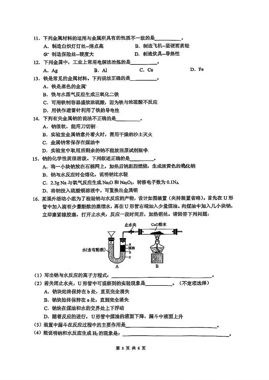 上海市南汇中学2024-2025学年高一下学期期中化学试题第3页