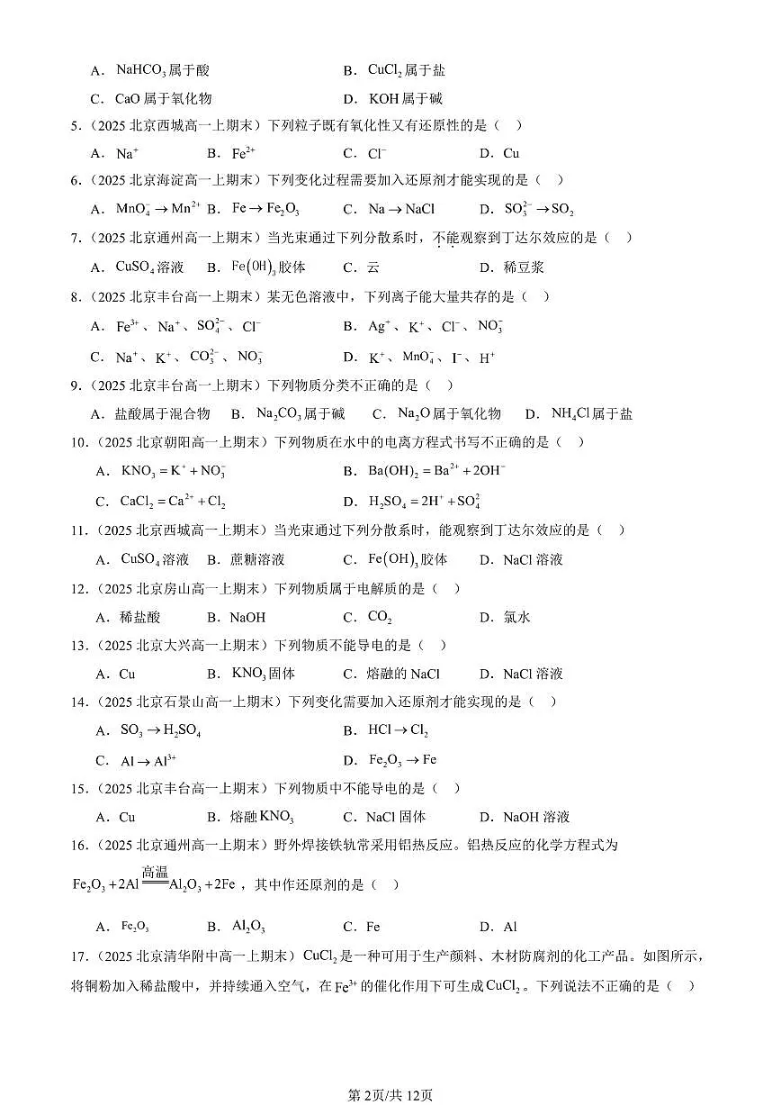 2025北京高一（上）期末真题化学汇编：物质及其变化章节综合1第2页