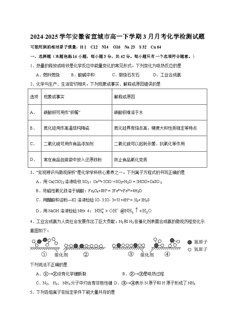 2024-2025学年安徽省宣城市高一下学期3月月考化学检测试题（含答案）第1页
