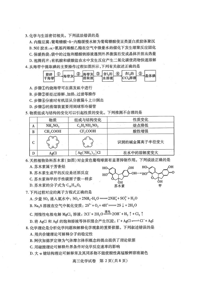 湖北省2025届高三（4月）调研模拟考试化学A4第2页