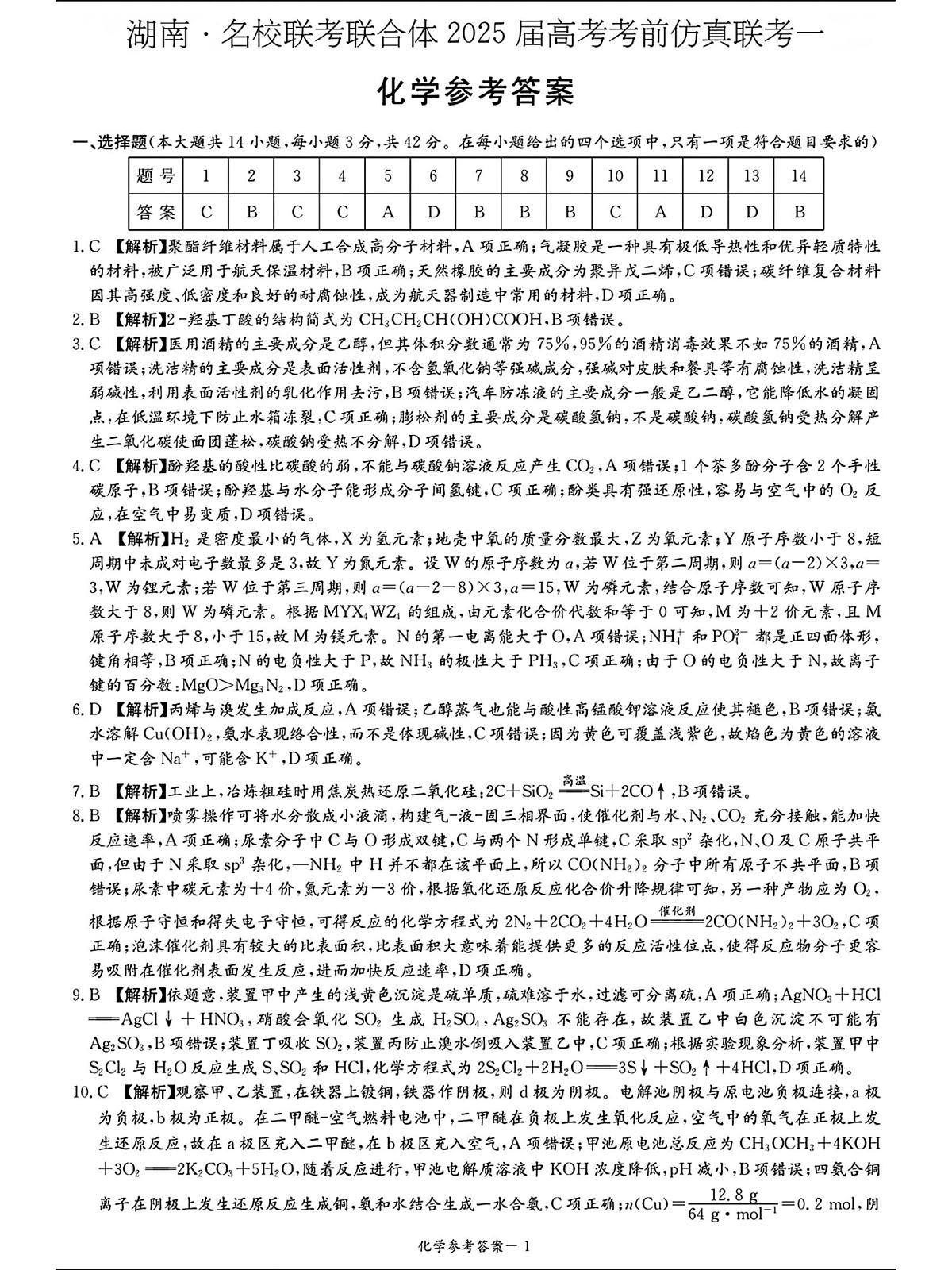 湖南名校联考联合体·2025年高考考前仿真模拟联考(一) 化学答案第1页