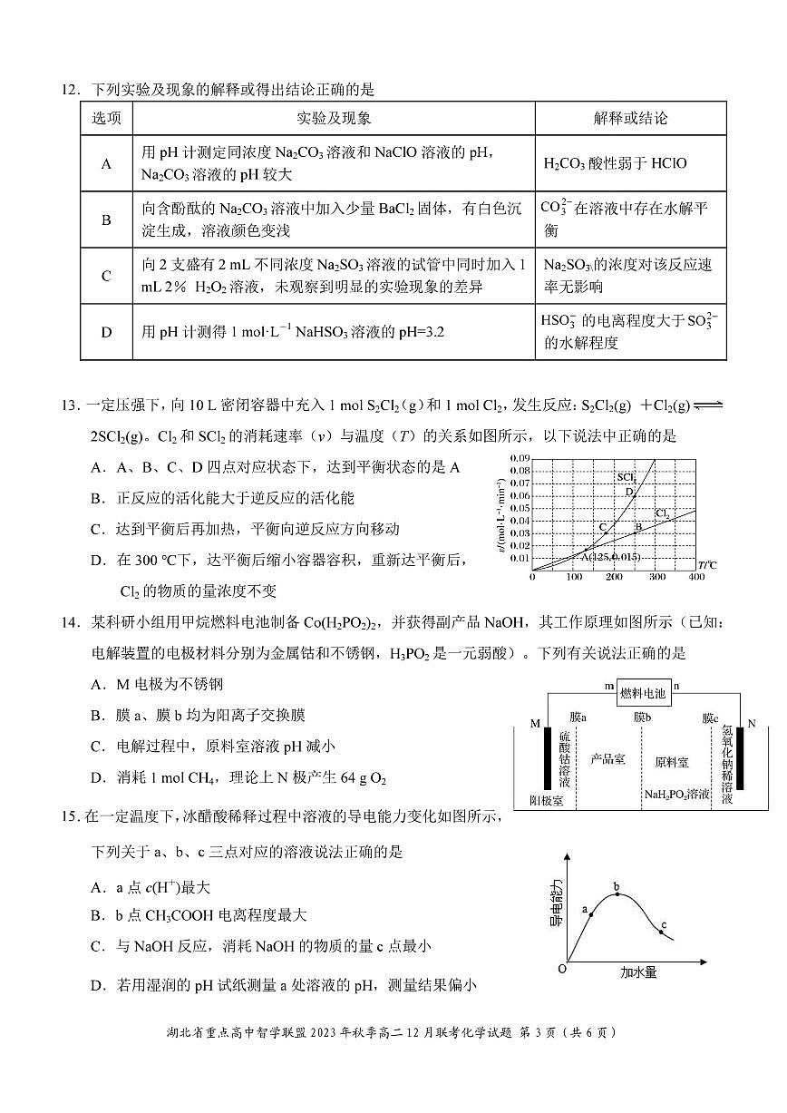湖北重点高中智学联盟2023年秋季高二年级12月联考 化学试卷（含答案）第3页
