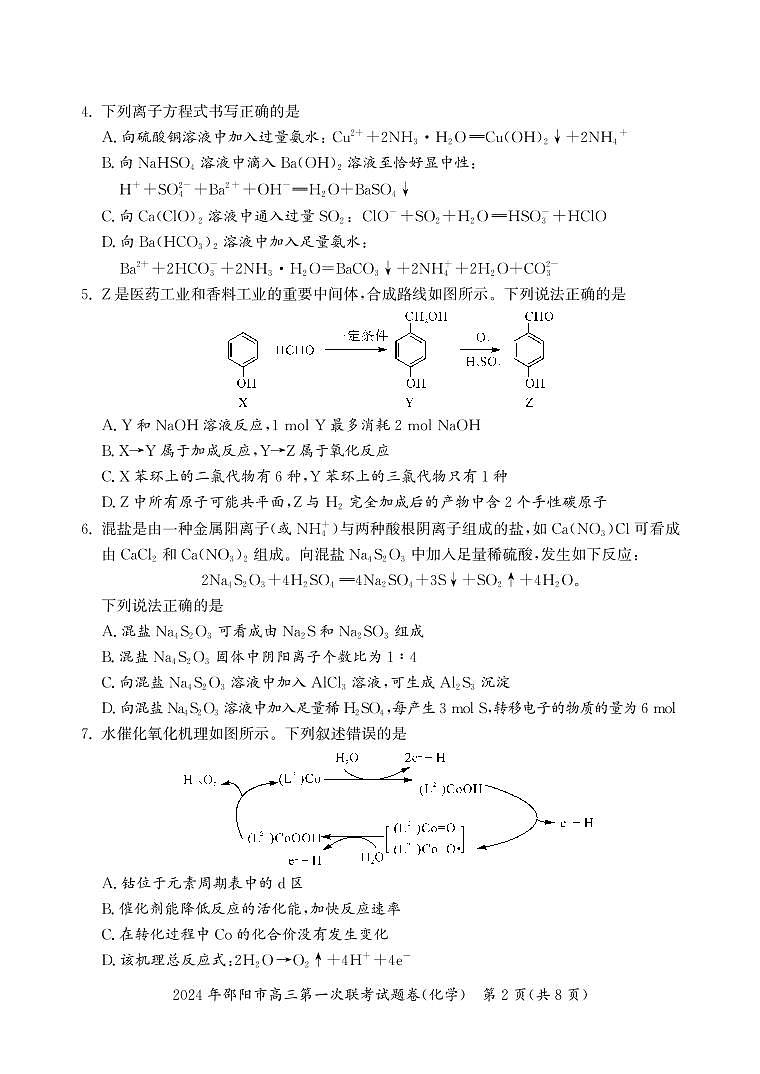 2024届湖南省邵阳市高三第一次联考 化学试卷（含答案）第2页