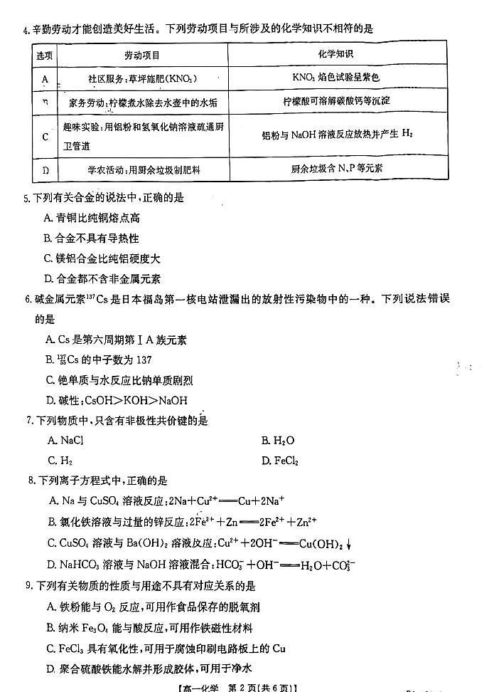 陕西省商洛市2023-2024学年高一上学期期末统测 化学试卷（含答案）第2页