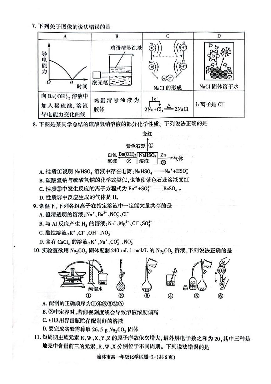 陕西省榆林市2023-2024学年高一上学期1月期末 化学试卷（含答案）第2页