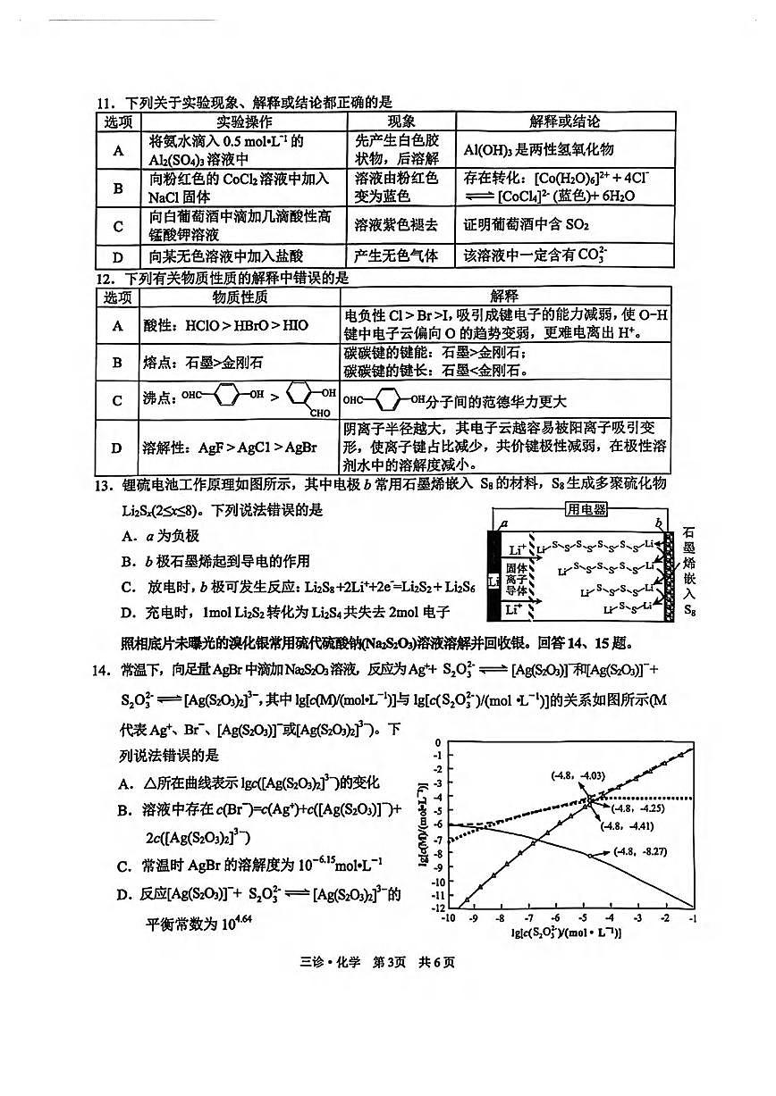 化学丨四川省泸州市2025届高三下学期4月第三次诊断考化学试卷及答案第3页