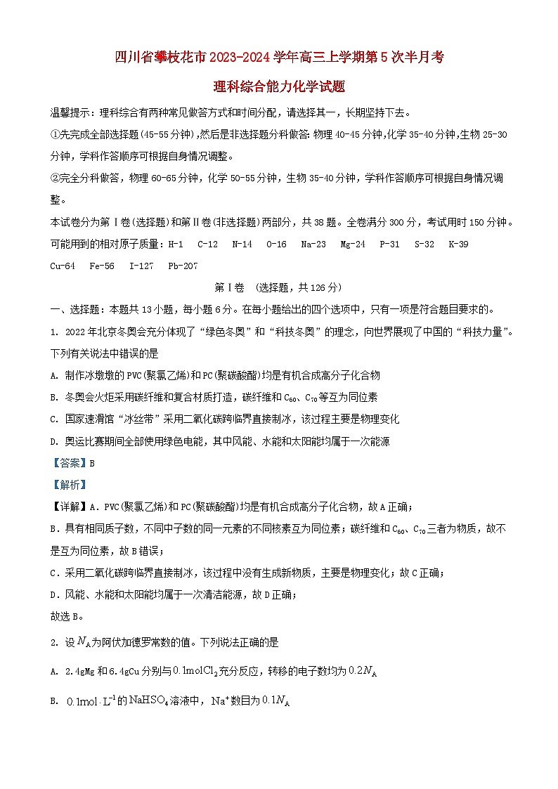 四川省攀枝花市2023_2024学年高三化学上学期第5次半月考理科综合试题含解析第1页