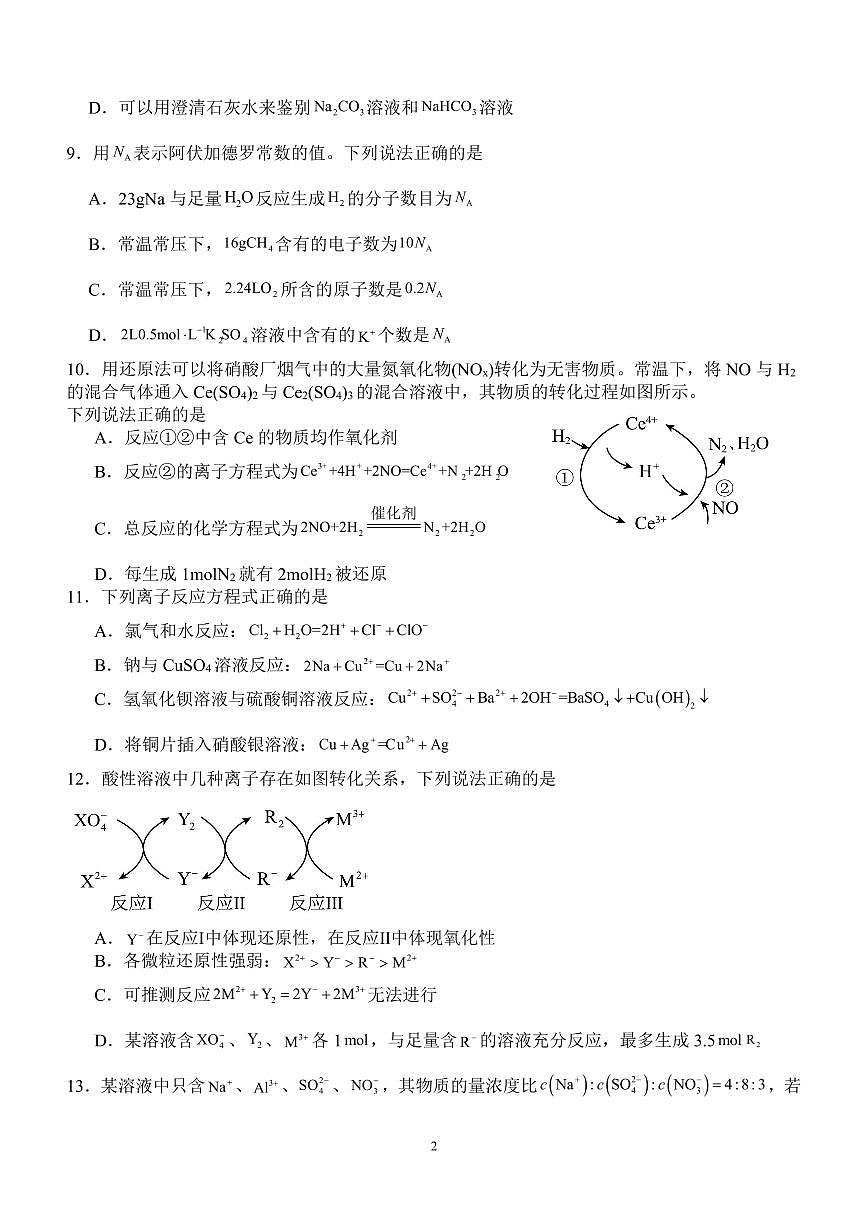 四川省泸县第五中学2023-2024学年高一上学期12月月考化学试卷（含答案）第2页