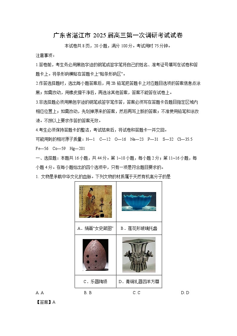 广东省湛江市2025届高三第一次调研考试化学试卷（解析版）第1页