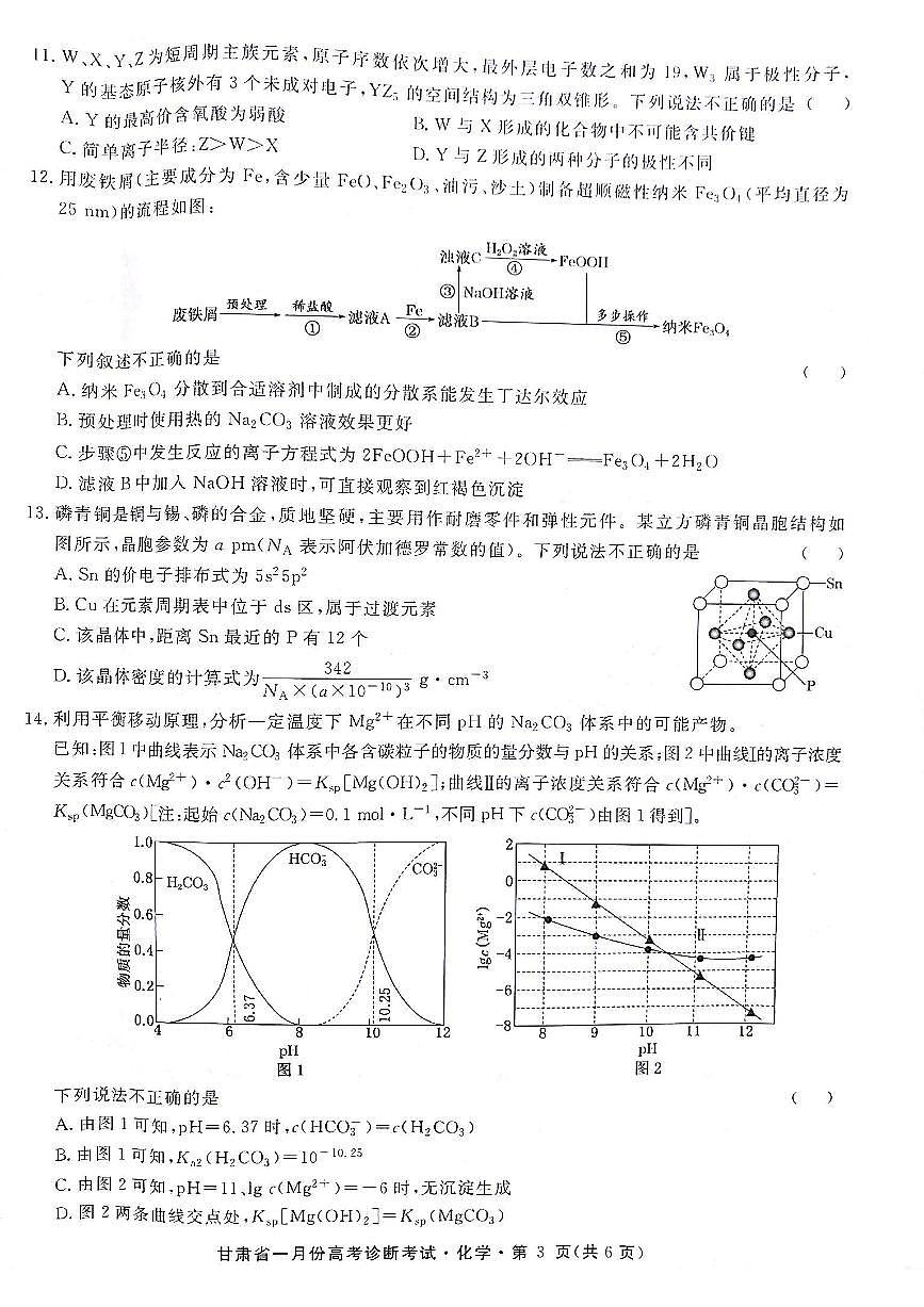 甘肃省2024届高三上学期1月份高考诊断考试（甘肃一诊）化学试卷（含答案）第3页