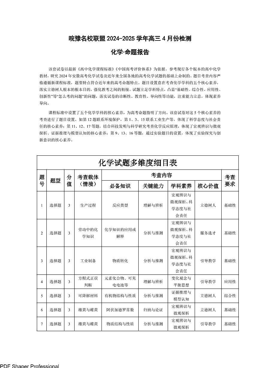 化学-晥豫名校联盟2024-2025学年高三4月份检测命题报告第1页
