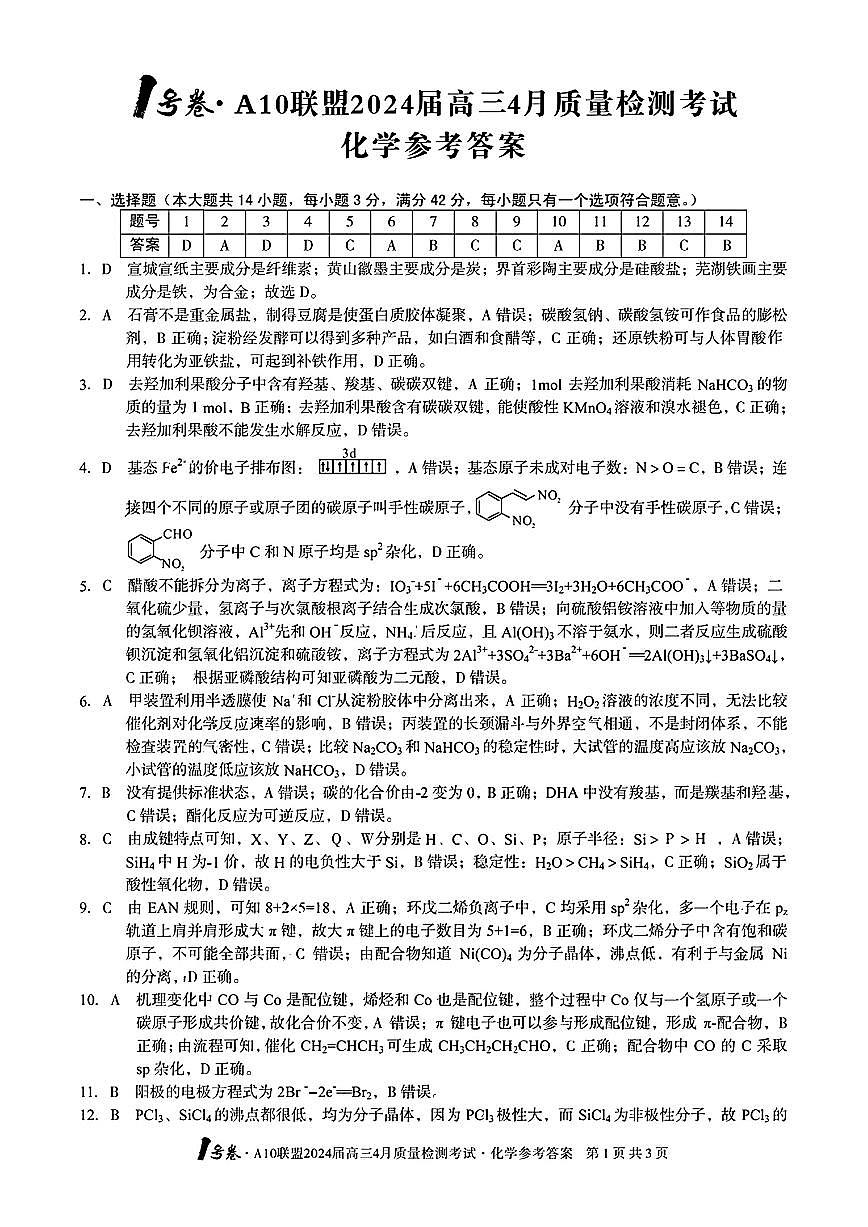A10联盟2024届高三4月份质量检测考试 化学答案第1页