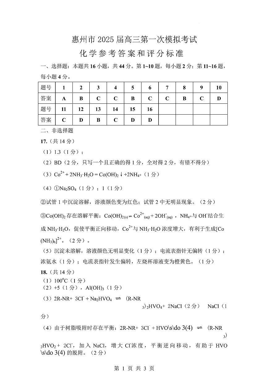 2025届惠州高三4月模拟考试化学答案第1页