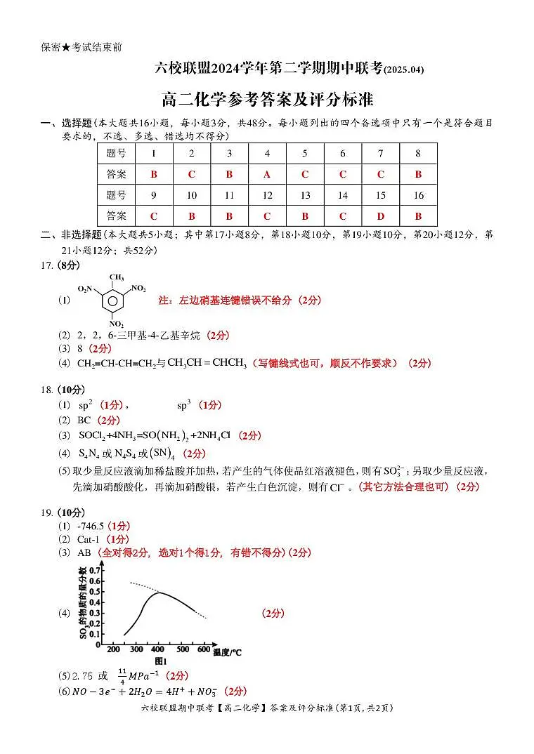 高二化学 【高二 化学 • 答案和评分标准】六校联盟2025.4 期中联考（4.11）第1页
