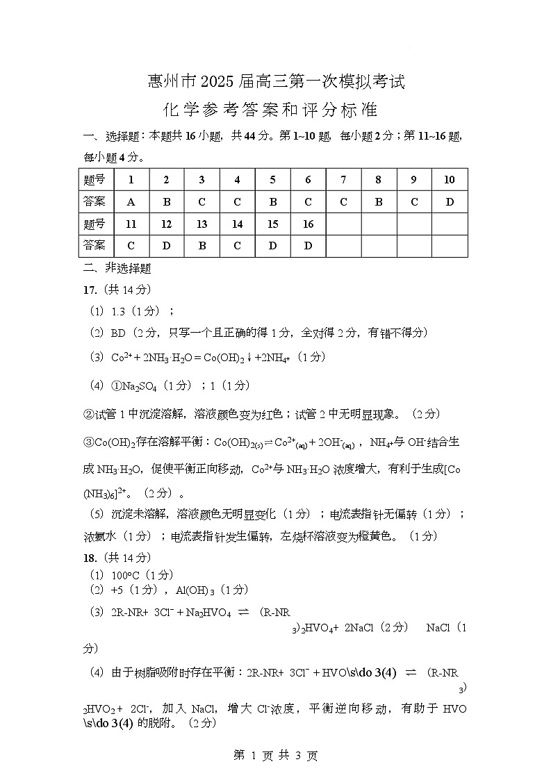 惠州2025届一模化学参考答案第1页