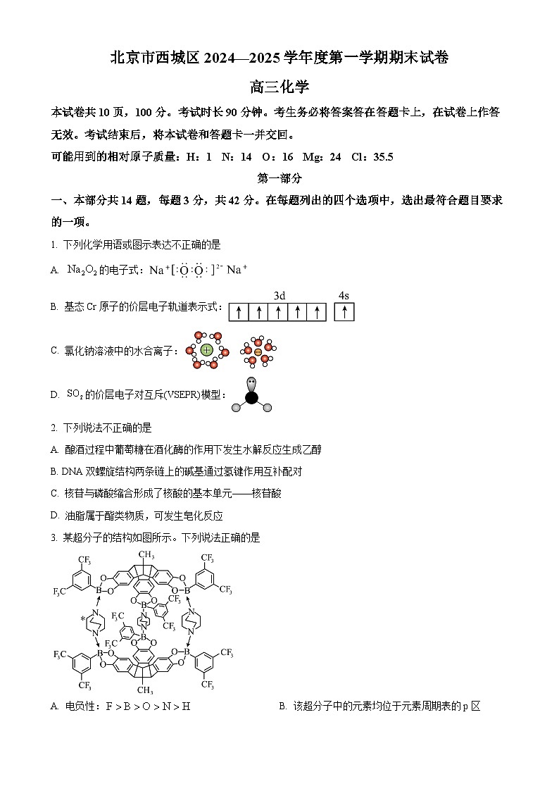 北京市西城区2025届高三上学期期末考试化学试卷  Word版无答案第1页