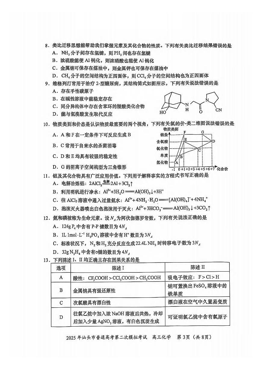 化学丨广东省汕头市2025届高三下学期4月第二次模拟化学试卷及答案第3页