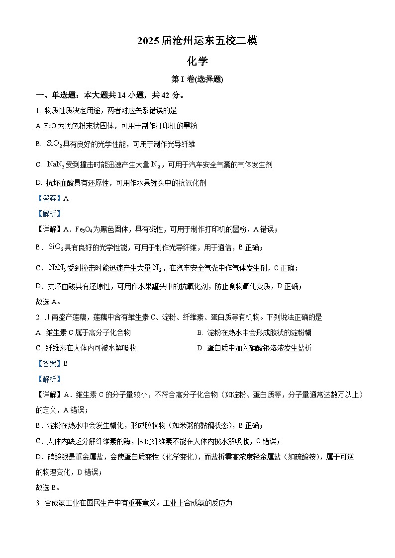 河北省沧州市运东五校2025届高三下学期二模考试化学试题 含解析第1页