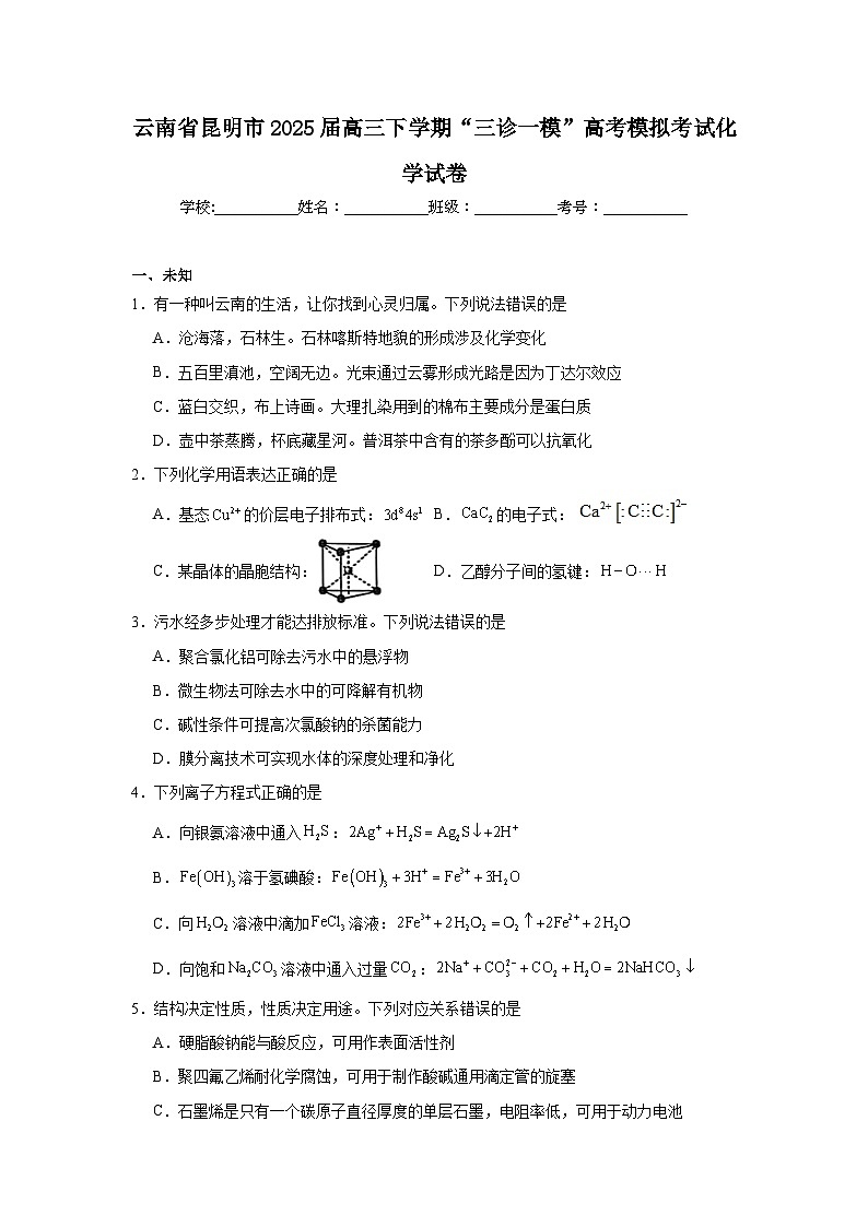 云南省昆明市2025届高三下学期“三诊一模”高考模拟考试化学试卷（无答案）第1页