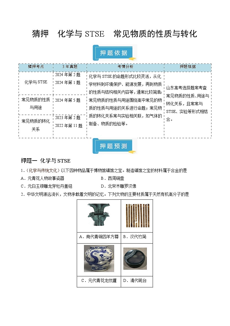备战2025年高考化学抢押秘籍（山东专用）猜押化学与STSE常见物质的性质与转化（学生版）第1页