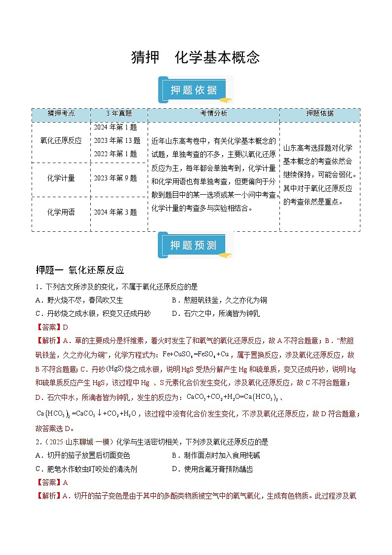 备战2025年高考化学抢押秘籍（山东专用）猜押化学基本概念（教师版）第1页