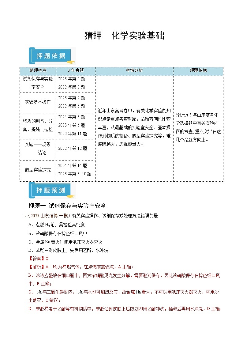 备战2025年高考化学抢押秘籍（山东专用）猜押化学实验基础（教师版）第1页