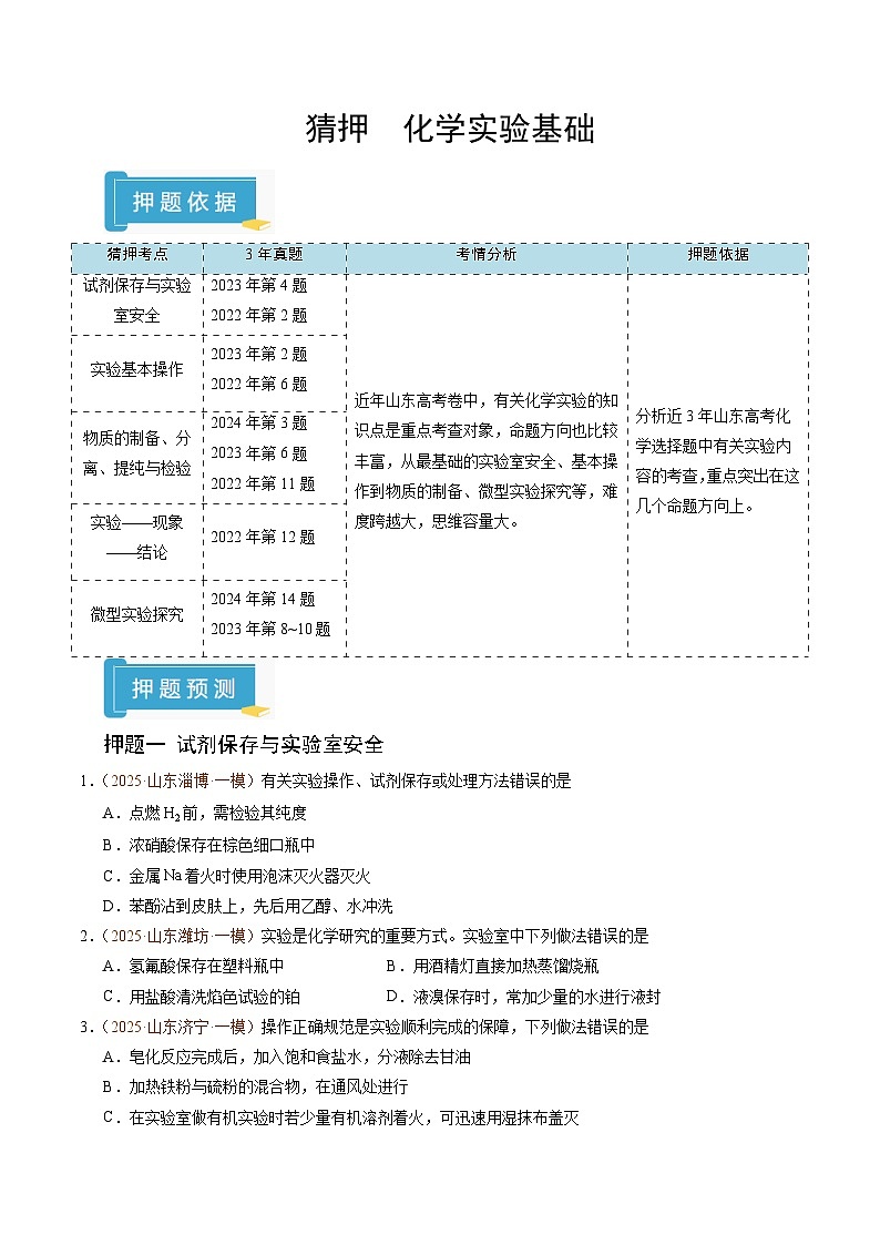 备战2025年高考化学抢押秘籍（山东专用）猜押化学实验基础（学生版）第1页