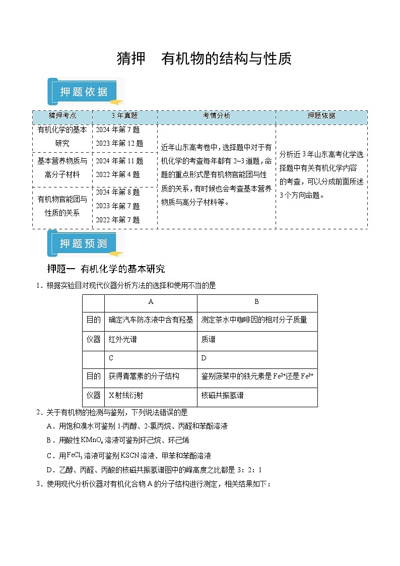备战2025年高考化学抢押秘籍（山东专用）猜押有机物的结构与性质（学生版）第1页