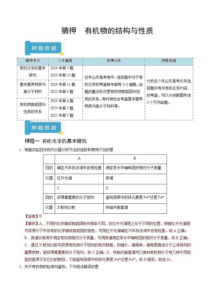 备战2025年高考化学抢押秘籍（山东专用）猜押有机物的结构与性质（教师版）第1页