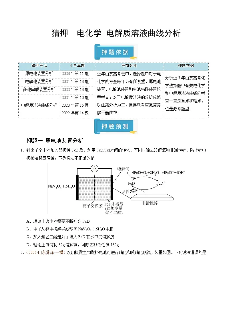 备战2025年高考化学抢押秘籍（山东专用）猜押电化学电解质溶液曲线分析（学生版）第1页