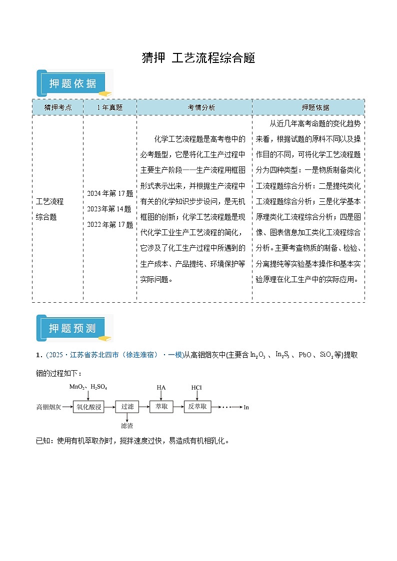 备战2025年高考化学抢押秘籍（江苏专用）猜押工艺流程综合题（教师版）第1页