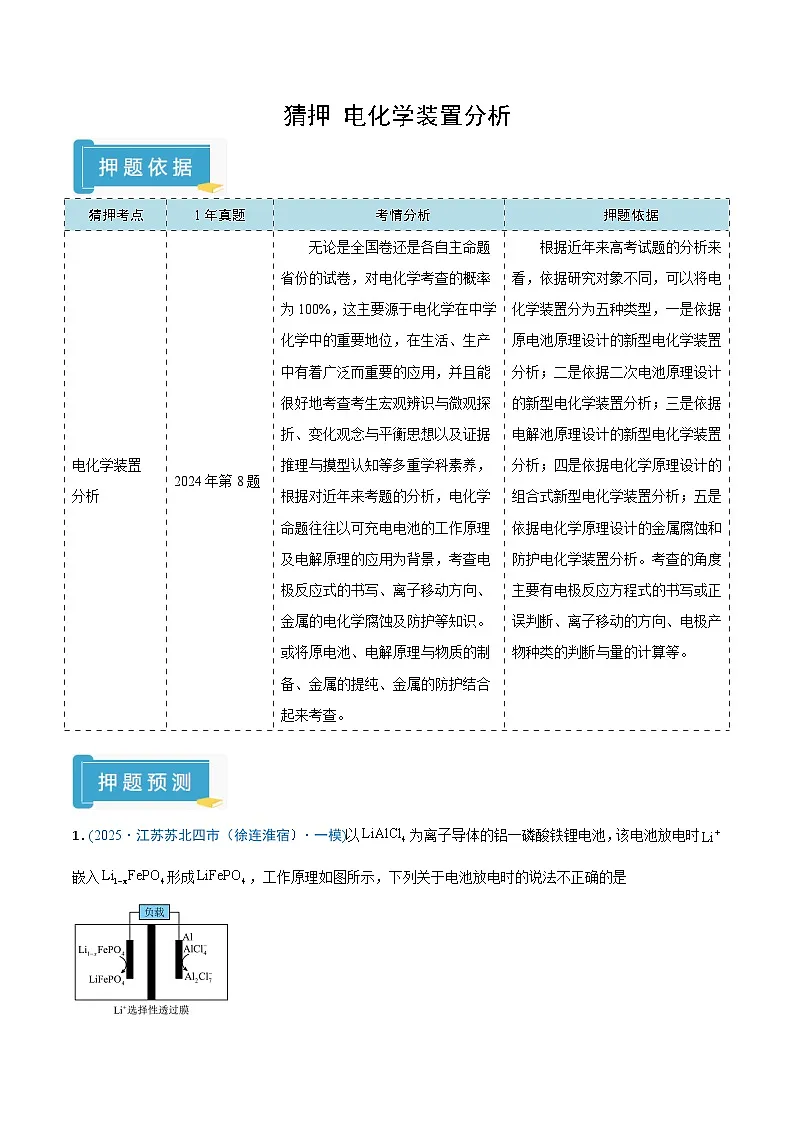 备战2025年高考化学抢押秘籍（江苏专用）猜押电化学装置分析（教师版）第1页