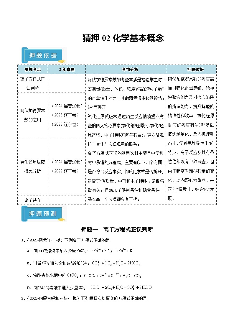 备战2025年高考化学抢押秘籍（黑吉辽蒙专用）猜押02化学基本概念（学生版）第1页