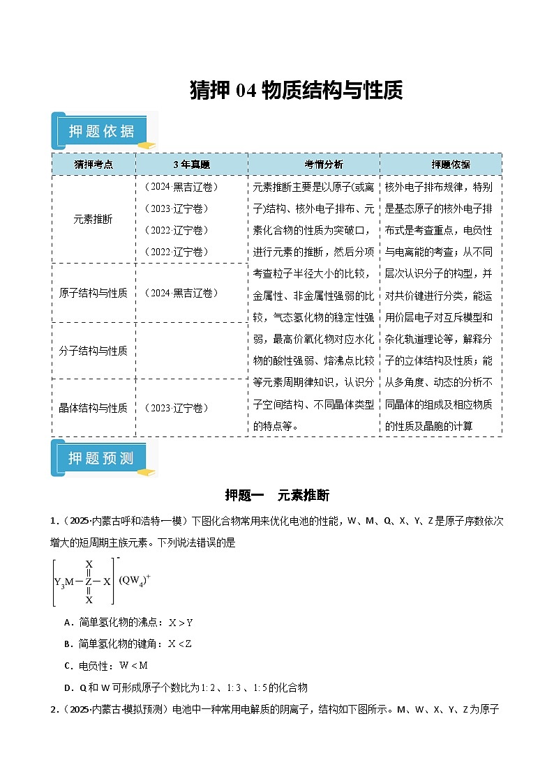 备战2025年高考化学抢押秘籍（黑吉辽蒙专用）猜押04物质结构与性质（学生版）第1页