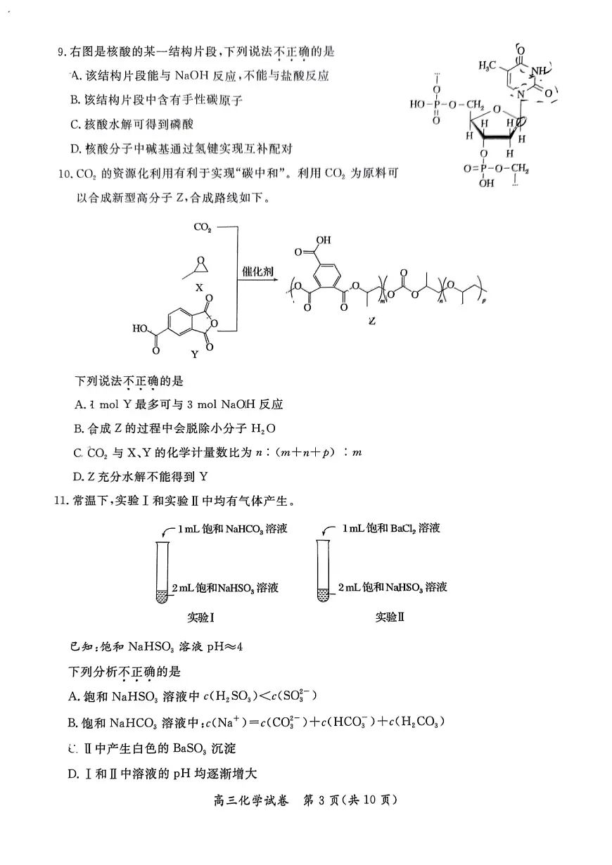 2025届北京市通州区高三一模考试 化学试题及答案第3页