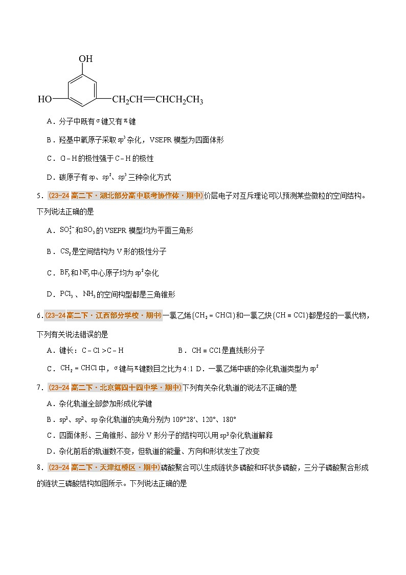 备战2024-2025学年高二化学下学期期中真题分类汇编 题型01 分子的空间构型及杂化类型的判断（人教版2019选择性必修2）（原卷版）第2页