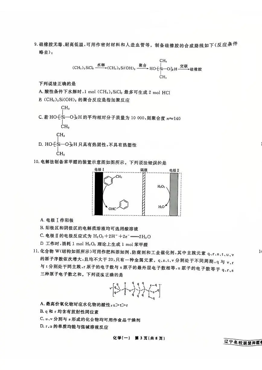 辽宁省名校联盟2025年高考模拟卷押题卷化学（一）第3页